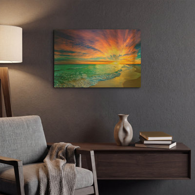 « Coucher de soleil coloré sur l'océan, plage orange et rouge », par Ezra Tanner, tableau mural en métal doré, 61 x 41 cm