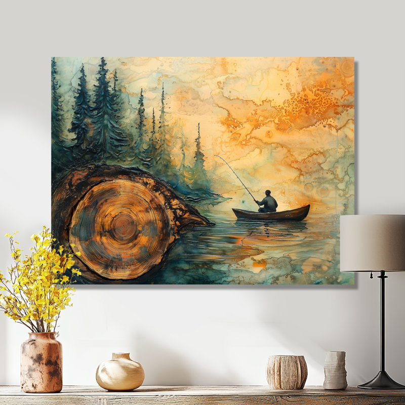 Gerrid pêche tranquillité rivière paysage II - bateau pêche art mural, H 30 po x l 40 po, Toile tendue, Ne s'applique pas