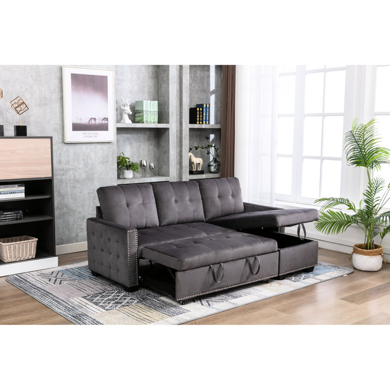 Lit de salon réversible de 77 pouces avec velours gris foncé et rangement pratique pour un style élégant
