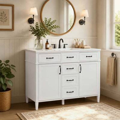 48 Inch Freestanding Bathroom Vanity with Composite Sink, 4 Drawers, 2 Doors, Adjustable Shelves, and Black Handles for Modern Bathrooms