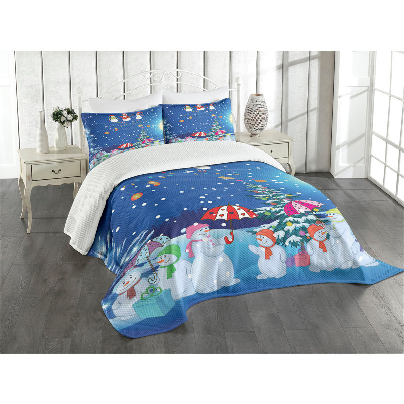 King Size White Quilted Bedspread Set with Snowman Design