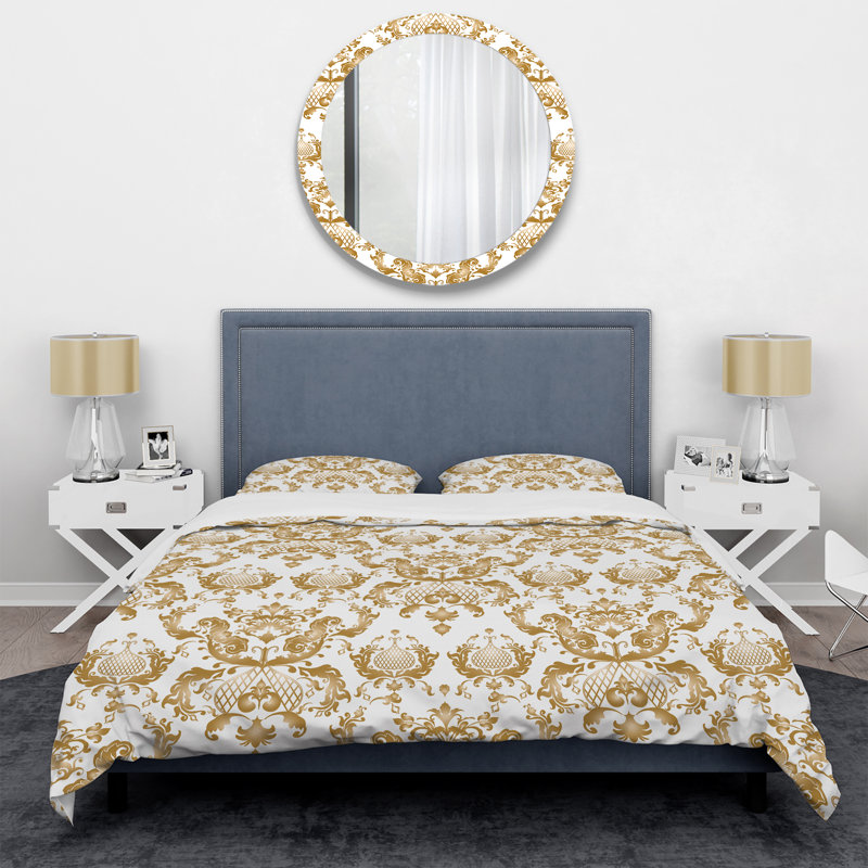 Ensemble de housse de couette à motif damas blanc et doré - Polyester microfibre