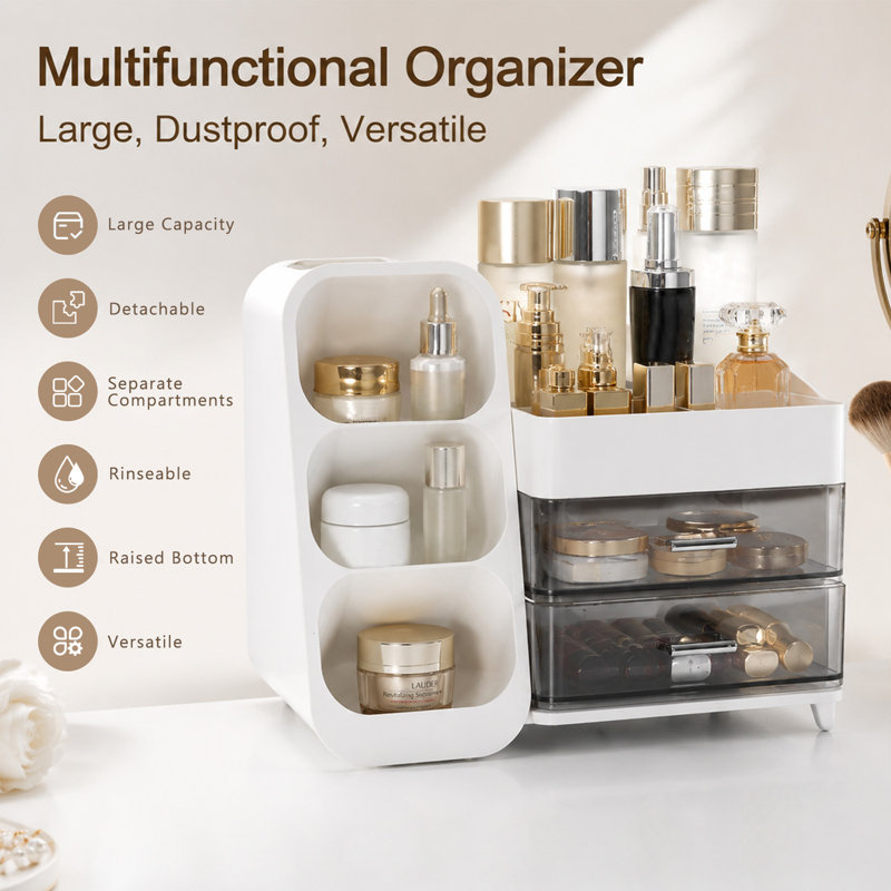 Organisateur de maquillage amovible anti-poussière, grand comptoir avec porte-pinceau et 2 tiroirs, rangement pour coiffeuse pour parfums / palettes / vernis à ongles, cadeau facile à nettoyer pour les femmes