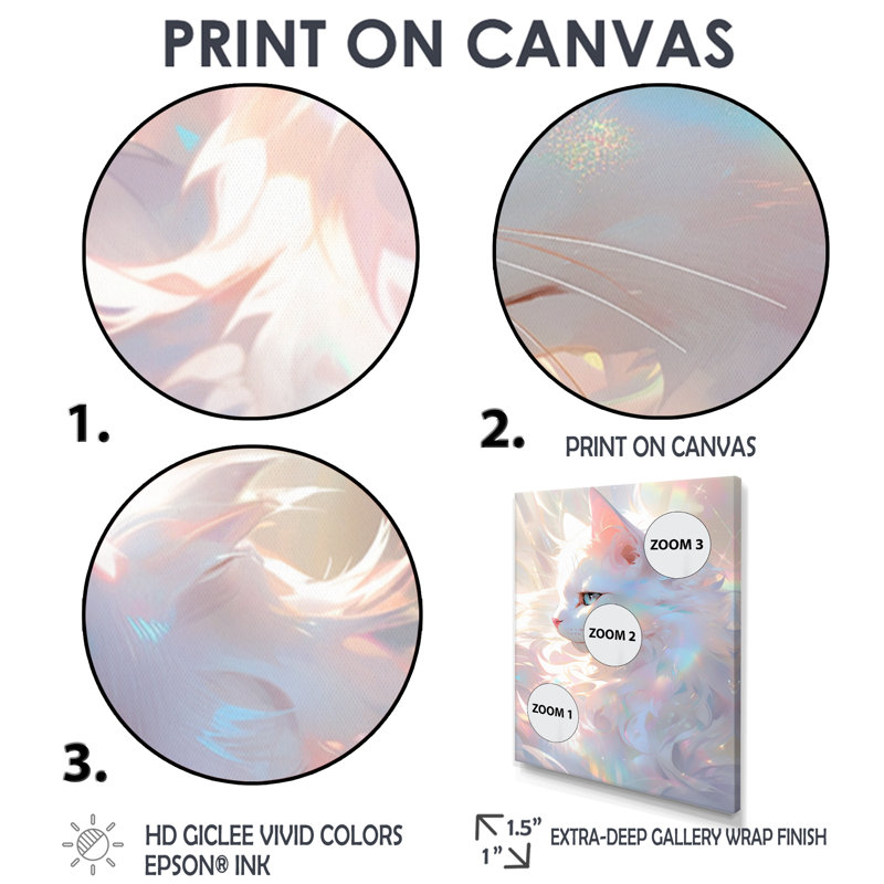 Lumineux chat félin irisé blanc, Toile avec cadre argenté, H 32 po x l 24 po x P 1 po