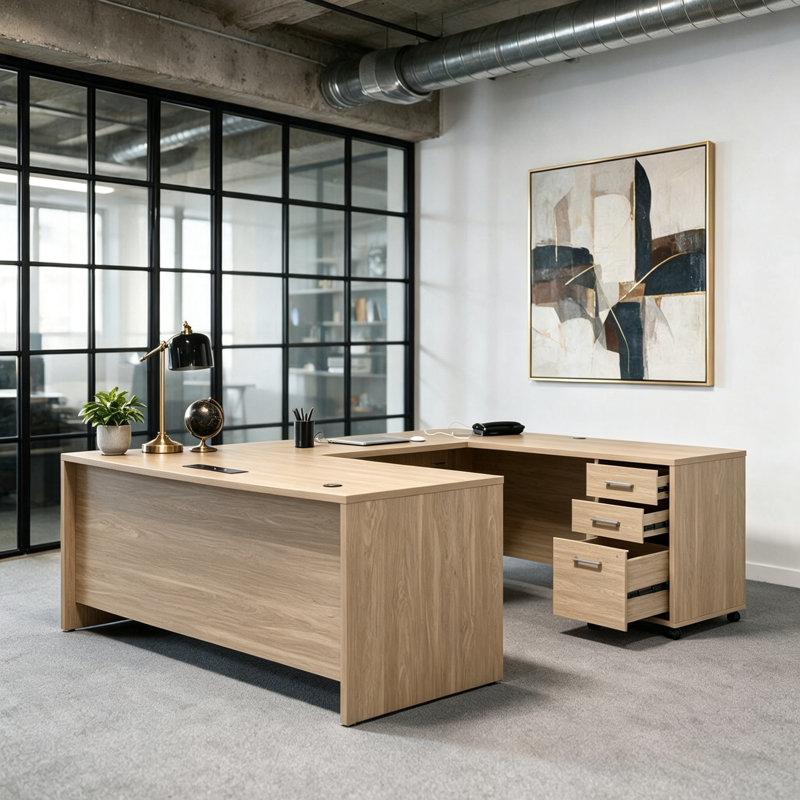 Bureau double caisson en L 71 po avec caisson classeur verrouillable à 3 tiroirs, poste de travail en L pour la maison et le bureau