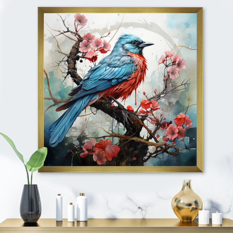 «Blue Jay on Blossom Cherry II», reproduction sur toile, Cadre doré à une seule photo, H 30 po x l 30 po x P 1 po