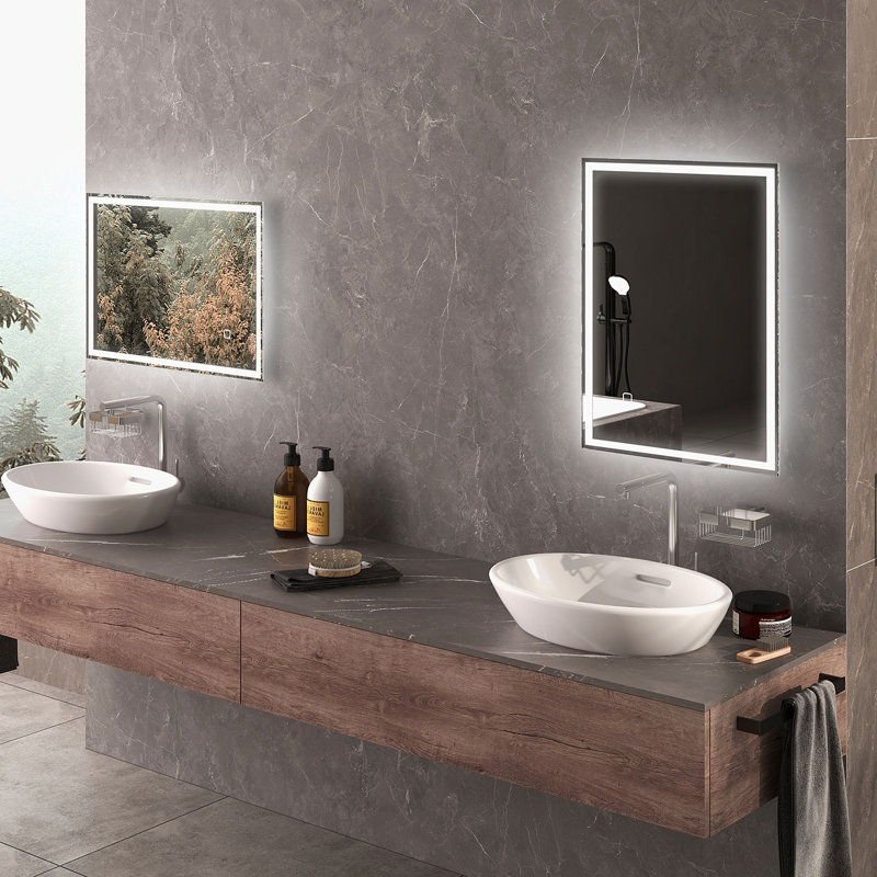 HOMCOM Dimmable Bathroom Mirror With LED Lights, 3 Colors & Defogging, 27.64" x 19.89"