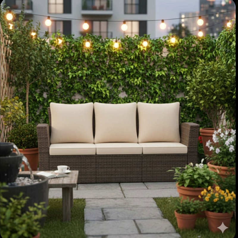 67.7" All-Weather Wicker 3-Seat Patio Sofa With Thick Biege Cushions & Black Frame, Beige, Brown