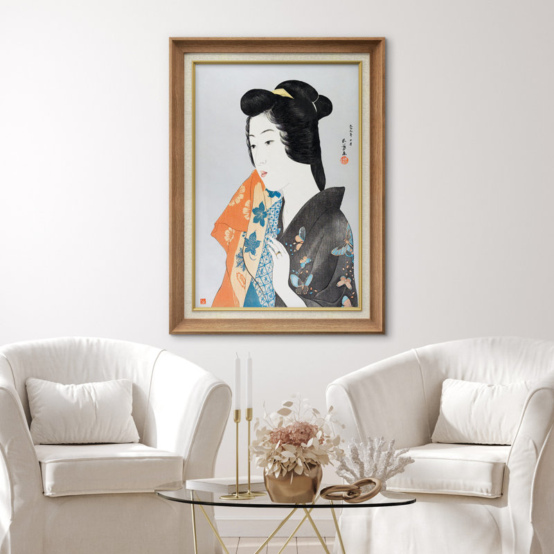 Illustration d'une jeune femme japonaise avec miroir à main Ukiyo-e, H 36 po x l 26 po x P 1,5 po, Natural Premium Frame
