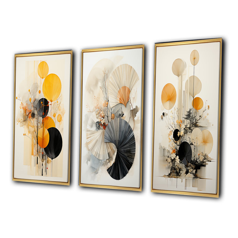 «Asian Art Seashell Sumi», 3 pièces sur toile, Encadrement doré, H 40 po x l 60 po