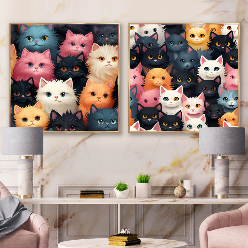 Motif de chat pour chambre de bébé - animaux, ensemble de 2 collages carrés, Cadre flottant doré, H 30 po x l 61 po