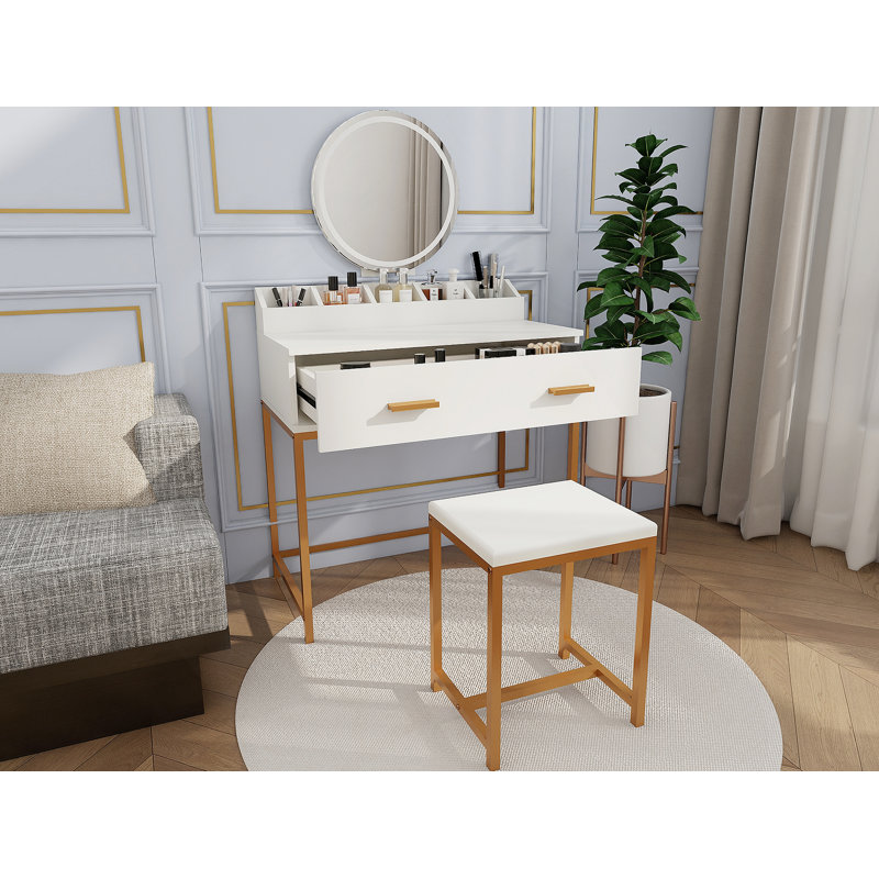 Vanity Set With Mirror And Stool - Makeup Vanity Table With Storage Drawers And Organizer, White And Gold, Space-Saving Design For Small Bedrooms