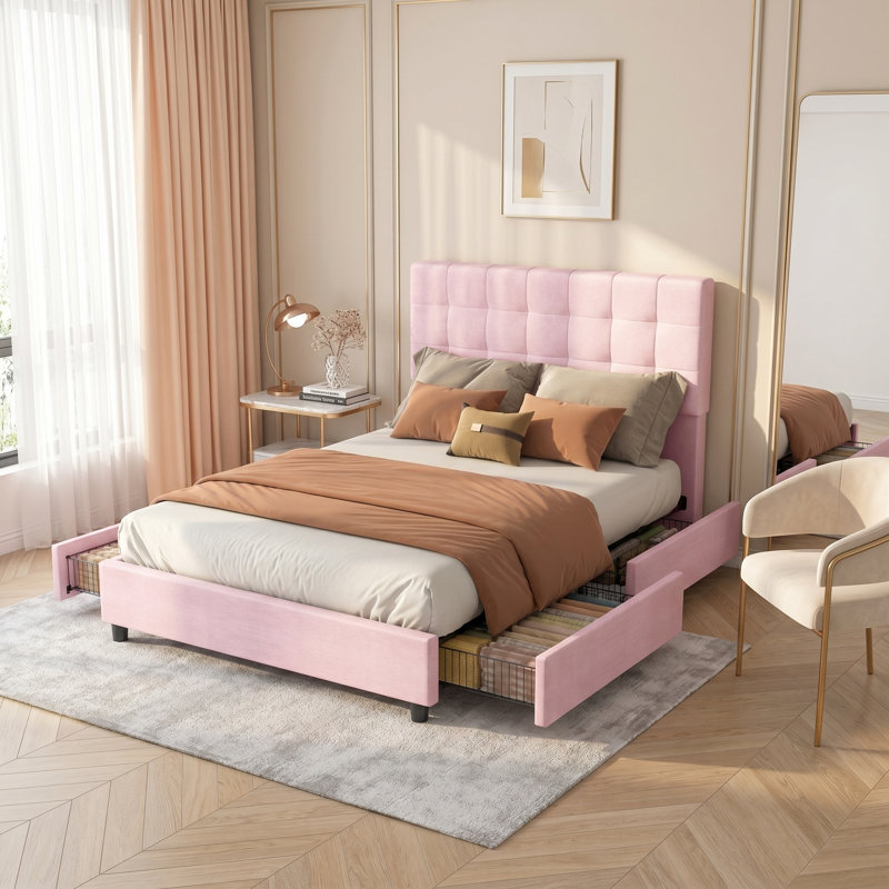 Lit double tapissier avec 4 tiroirs de rangement, tête de lit capitonnée en velours, sans sommier, Lit double, Noir