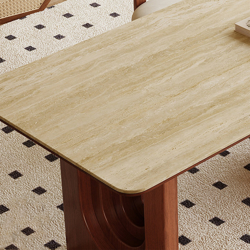 Table de salle à manger beige / brun en pierre frittée rectangulaire + bois massif, H 29,53 po x L 62,99 po x l 31,5 po