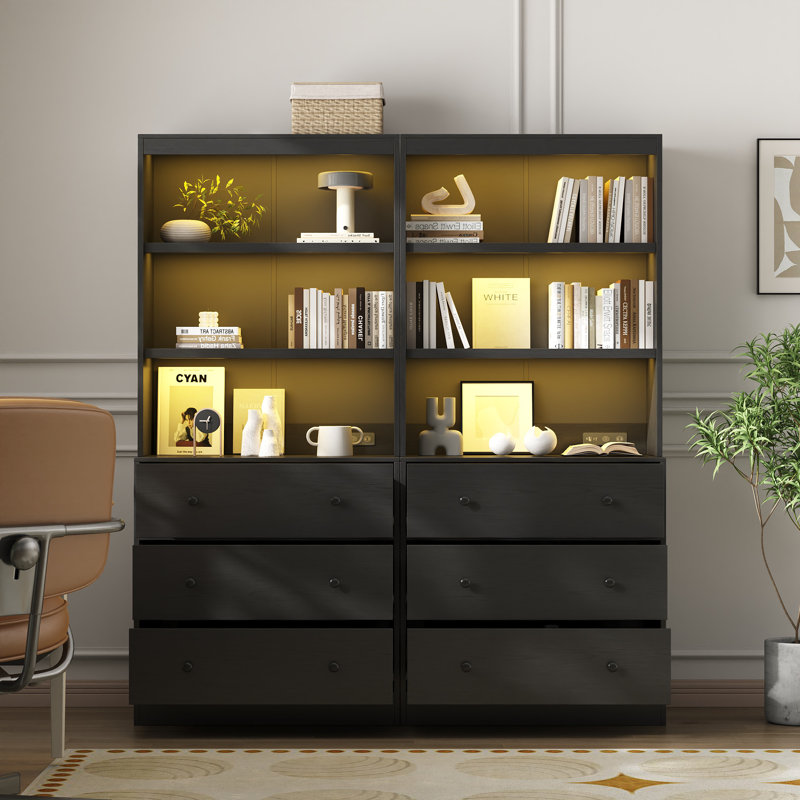 71"H X 47.2"W Book Cabinet Storage Bookcase with USB & Type-C Charging Ports and LED Lights (2A), Black