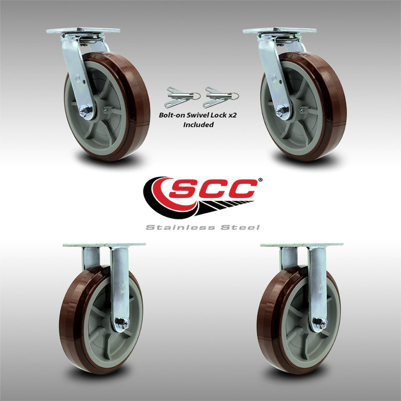 SS Polyurethane Caster Set with Ball Bearings 2 Swivel Lock 2 Rigid SCC