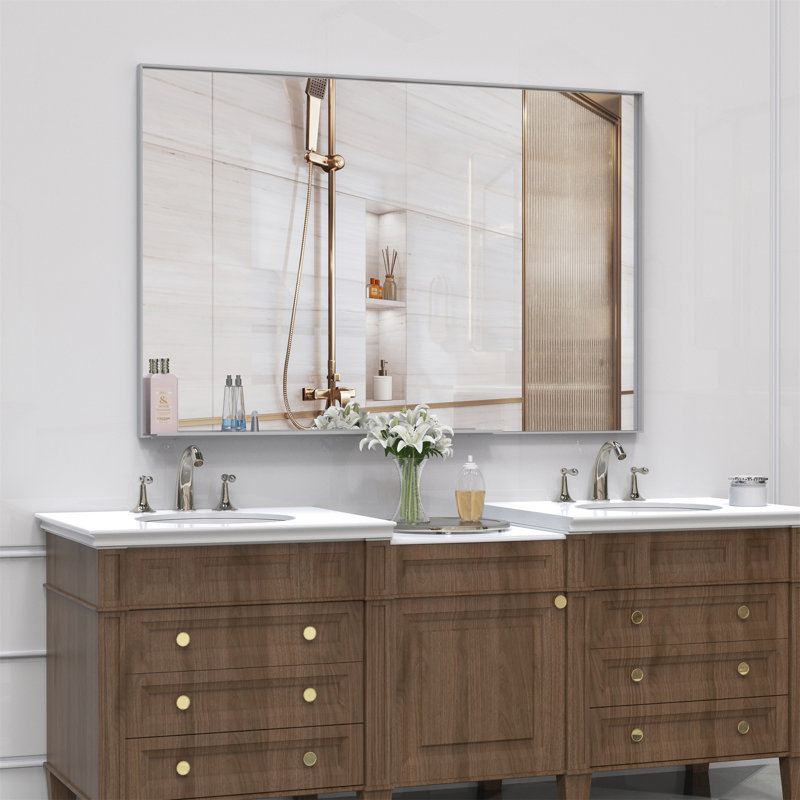 Miroir de salle de bain moderne ou rectangulaire avec cadre en noyer, 32 po x 48 po