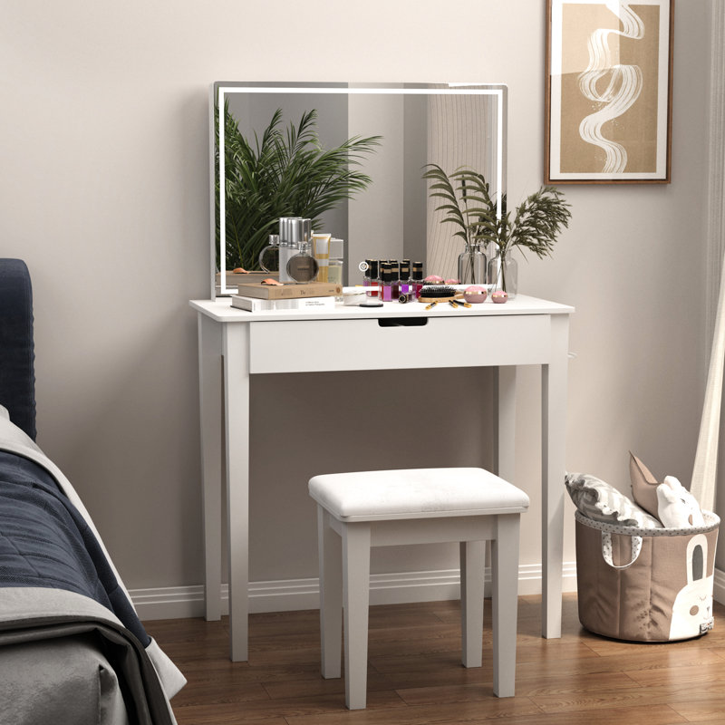 Bureau de meuble-lavabo pour chambre à coucher avec miroir, DEL à intensité variable et 1 tiroir de rangement pour cosmétiques, coiffeuse blanche avec finition: DEL, fonctionnelle