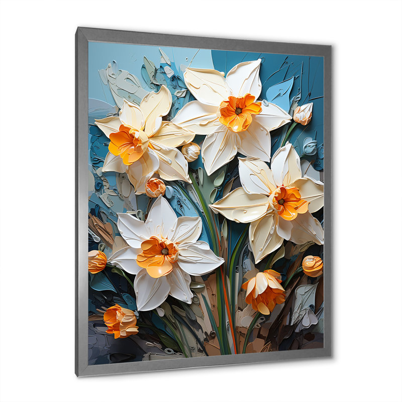 «Fauvist Verve Daffodils Brushwork», reproduction sur toile encadrée, Cadre simple argenté, H 44 po x l 34 po x P 1,5 po