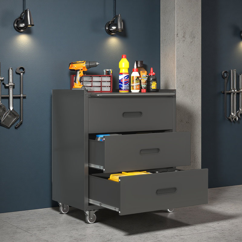 Heavy-Duty Metal Storage Cabinet With Wheels - 3 Drawer Tool Cabinet For Garage, Office, And Home Organizer Solutions, Black