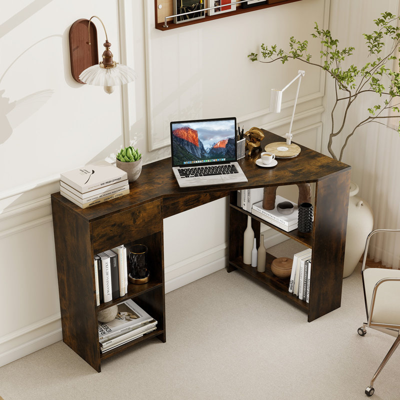 L-Shaped Computer Desk Compact Corner Executive Desk W/Storage-White, Brown