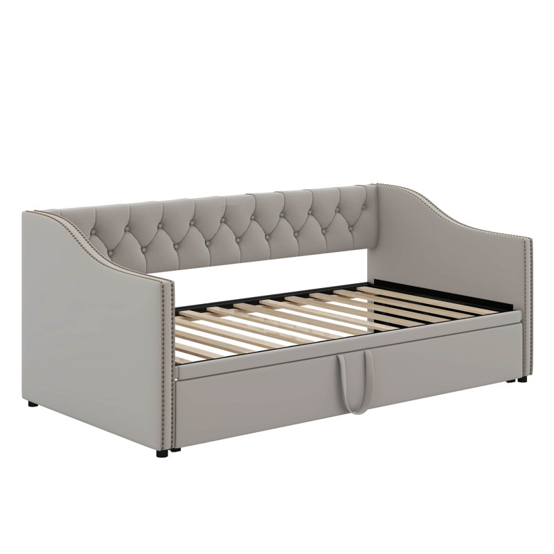 Twin Size Upholstered Daybed With Pop Up Trundle, Gray