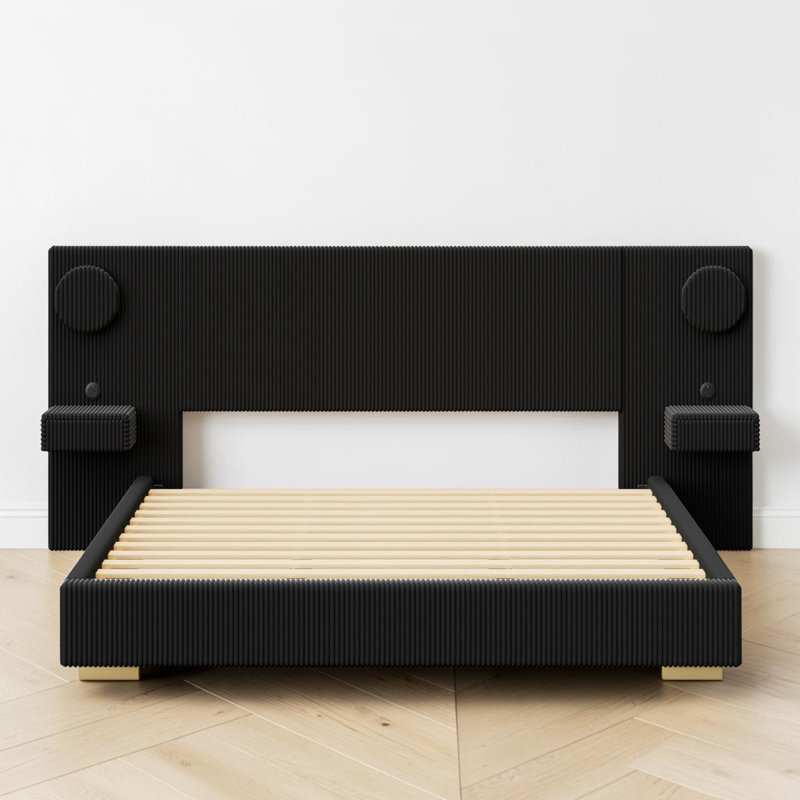 Lit plateforme rembourré avec éclairage circulaire DEL, ports de chargement USB et tiroirs de rangement latéraux, profil bas, moderne, chambre à coucher