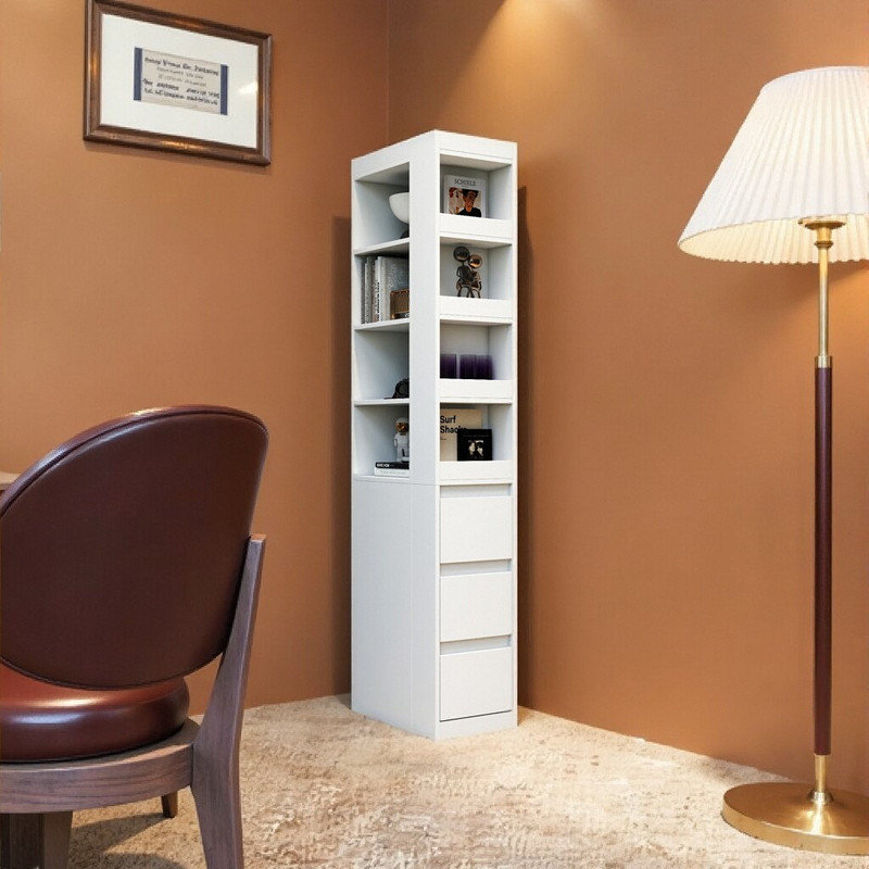 Armoire haute avec tiroirs latéraux, bibliothèque avec 4 tablettes et 3 tiroirs, Blanc