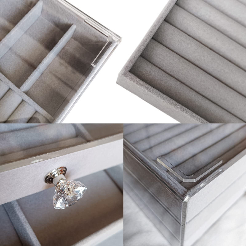 Stackable Clear Acrylic Velvet Jewellery Storage Box With 3 Drawers, Grey