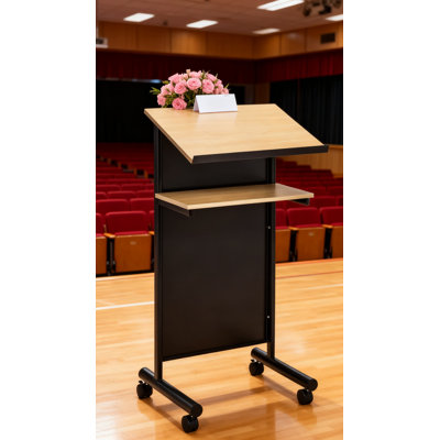 Mobile Audio-Visual Lectern Podium With Locking Casters, Adjustable Standing Desk And Storage Shelf For Presentations And Laptop Use