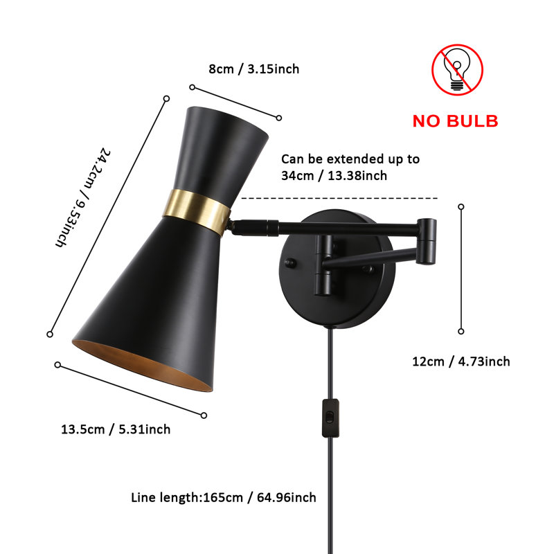 Industrial Plug-in Swing Arm Black Gold Wall Lamp, Vintage Metal Rustic Retro Adjustable