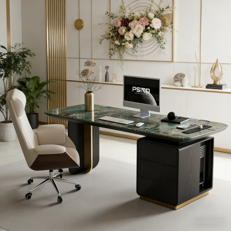 Bureau à 3 tiroirs noir + or fritté rectangulaire + bois manufacturé + acier inoxydable, H 29,53 po x l 55,12 po x P 27,56 po
