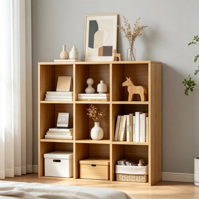 9-Cube Storage Shelf Bookcase - Wooden 3-Tier Open Bookshelf for Home Office Display Cabinet Oak