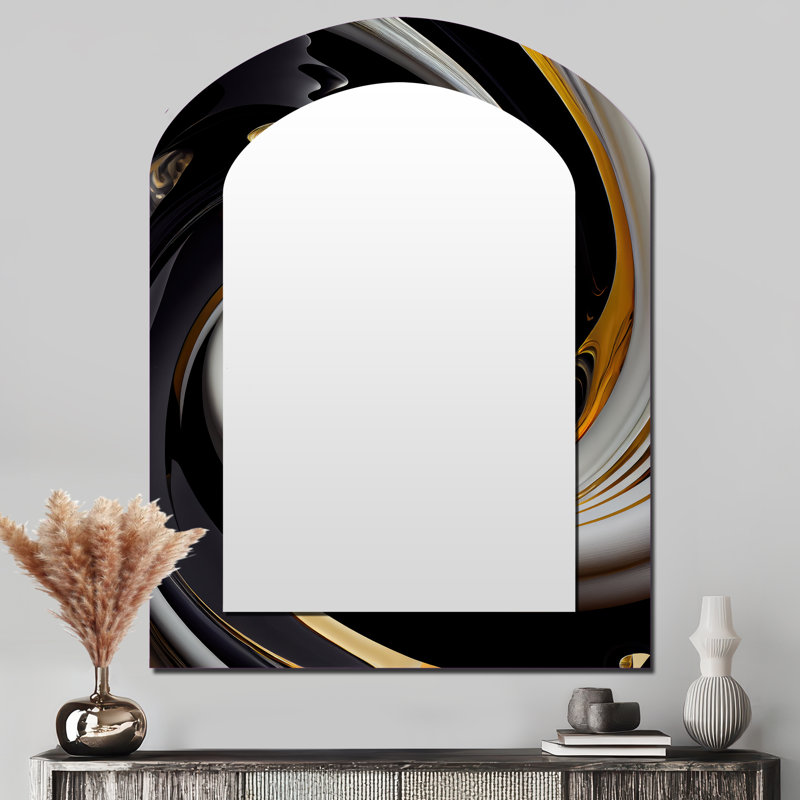 Gold And Black Stained Glass Spiral III - Abstract Spirals Arch Decorative Mirror, Modern Asymmetrical Large Wall Mirror, Printed Metal Art