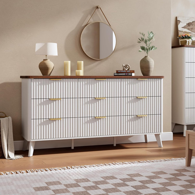 Commode cannelée pour chambre à coucher avec 9 tiroirs profonds, commode moderne de 60,6 po de largeur, Blanc