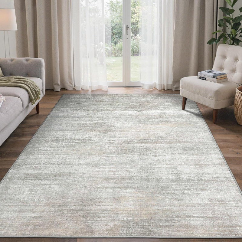 8X10 Machine Washable Area Rug Non-Slip Low Pile Abstract Light Grey Beige Soft Carpet For Living Room Bedroom