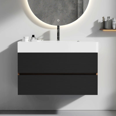 Meuble-lavabo de 36 po en noyer avec lavabo à surface solide blanc brillant et tiroirs noirs doux, meuble-lavabo mural flottant pour salle de bain moderne, lavabo une pièce sans drain et robinet