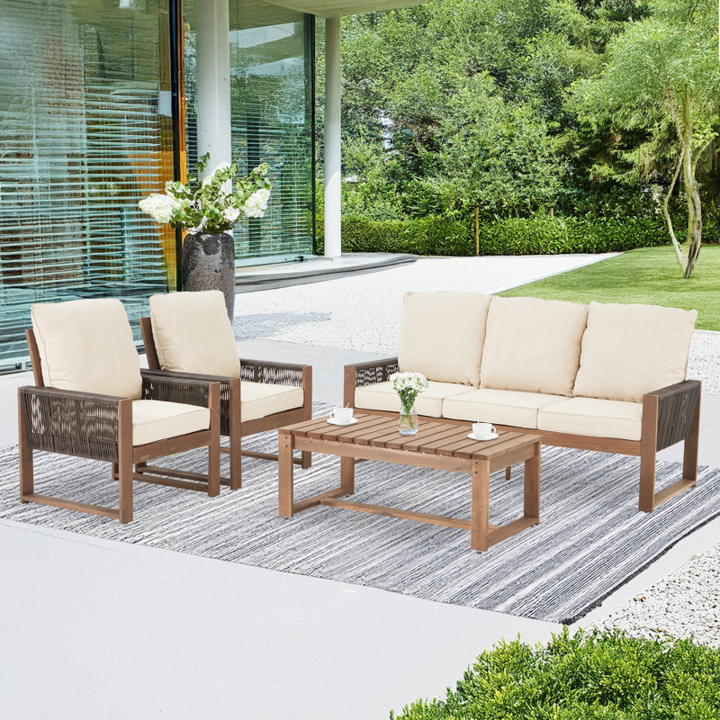 Ensemble de patio 4 pièces en cèdre avec corde et coussins en PE - Ensemble de conversation extérieur toutes saisons, Beige