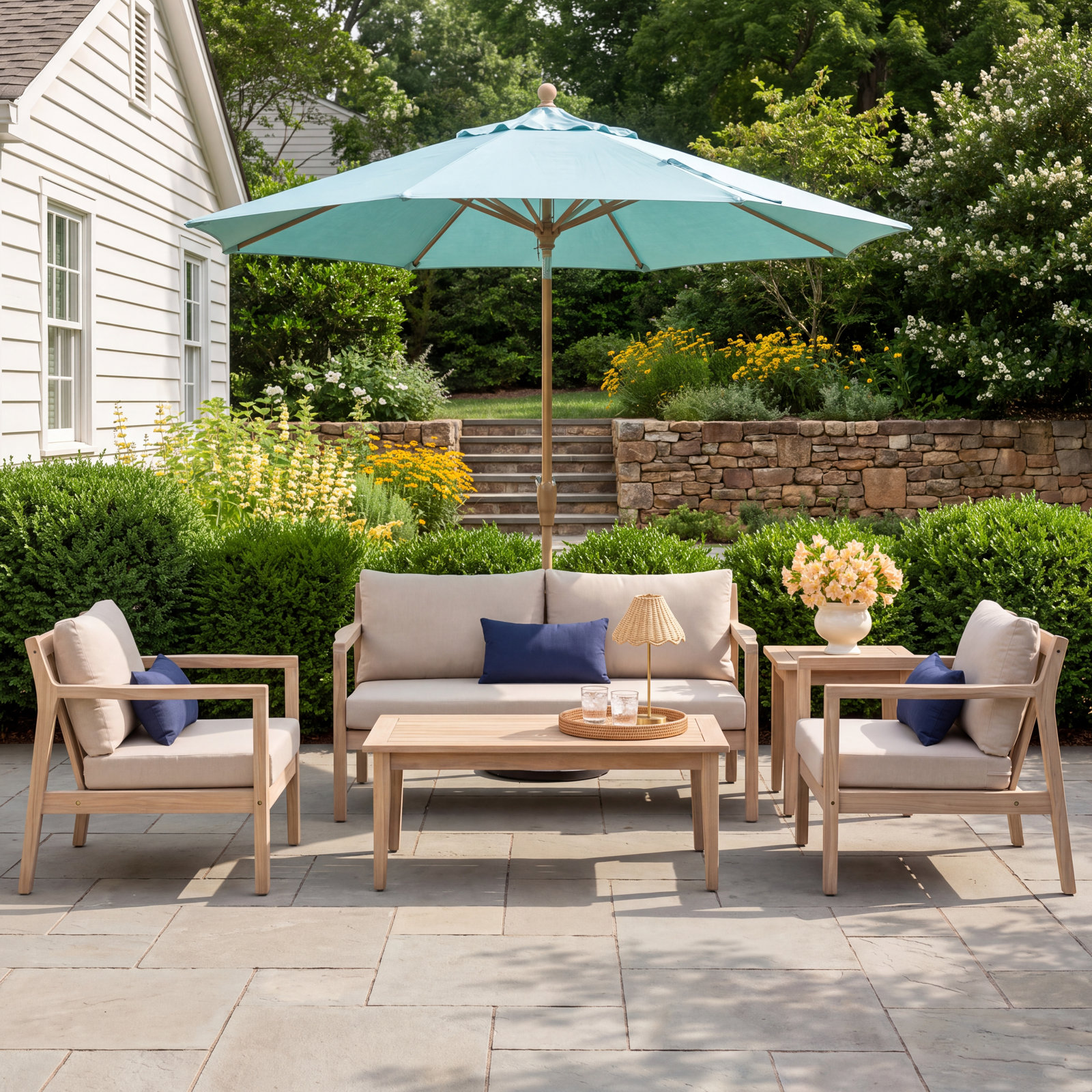 Amina 4-Person Acacia Patio Seating Group, Beige