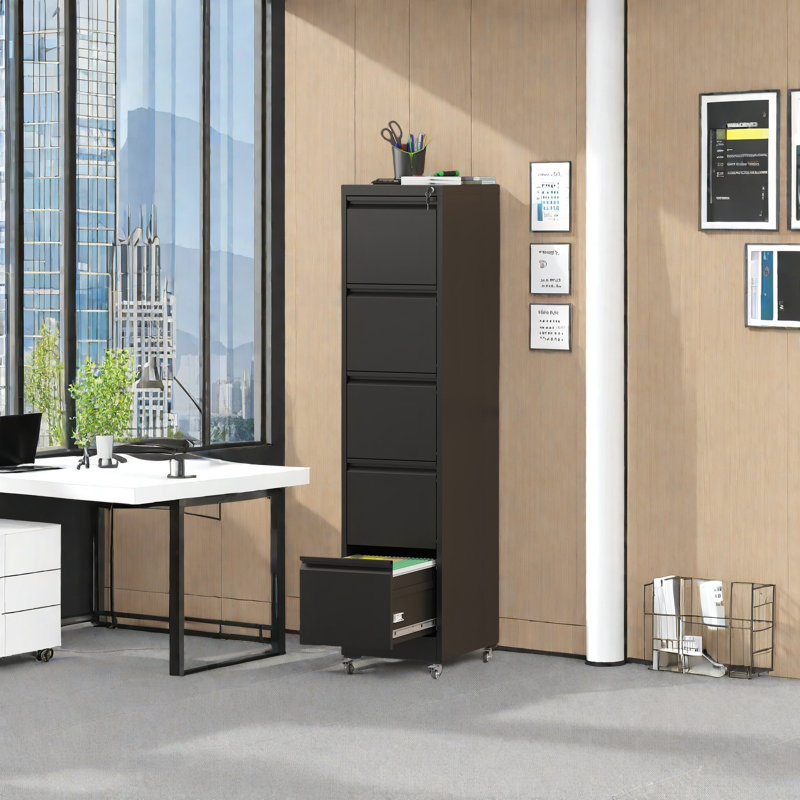 5 Drawer Metal Vertical File Cabinet With Lock On Wheels For Home Office,Heavy Duty Metal Storage Cabinet For A4/Letter/Legal Size Files