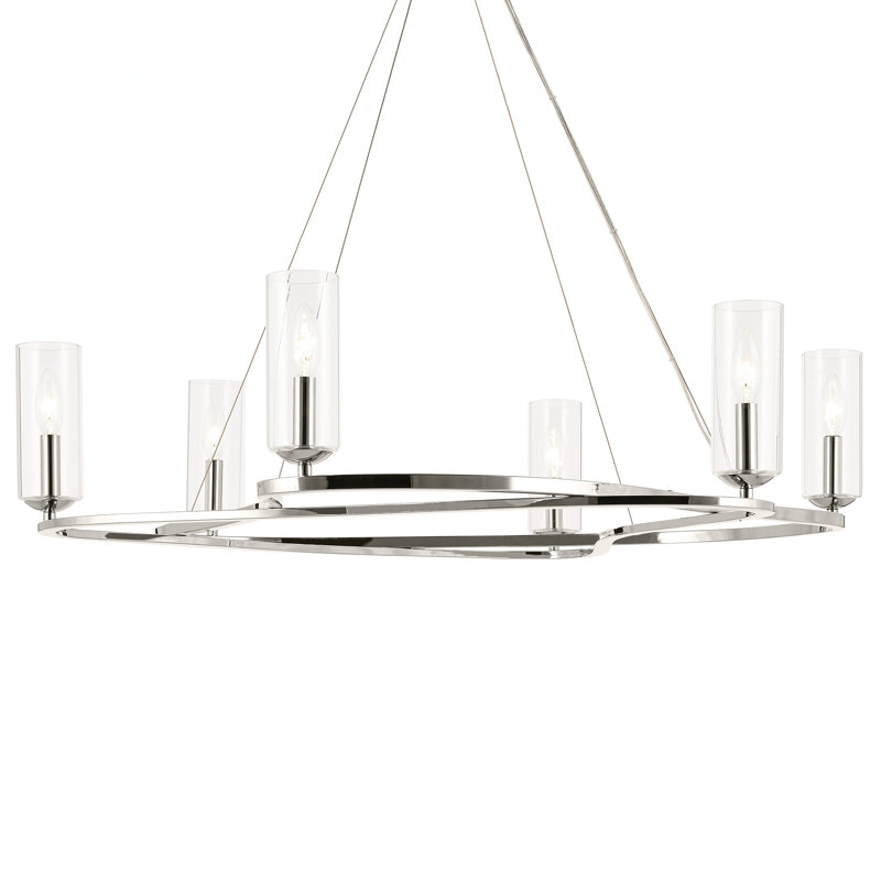 Lustre courbé moderne avec verre cylindrique transparent, 6, Nickel poli, H 8,5 po x l 37,75 po x P 37,75 po