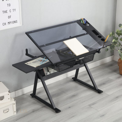 Table à dessin réglable en verre trempé avec chaise, avec bureau inclinable et nombreuses solutions de rangement