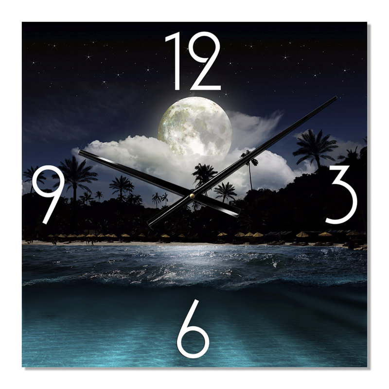 Horloge murale moderne bateau de pêche sous la pleine lune tropicale, Petit