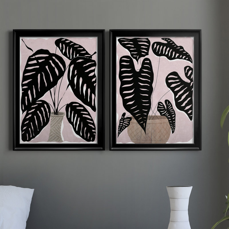 Plante en pot I - ensemble de 2 peintures sur toiles, H 18,5 po x l 49 po x P 1,5 po, Toile encadrée noire