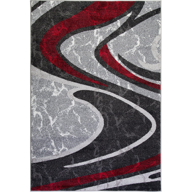 Tapis de plancher rouge à motif abstrait à velours courts en polypropylène de style Mid-Century Spruce Hill de 5 pi x 8 pi ou 6 pi x 9 pi