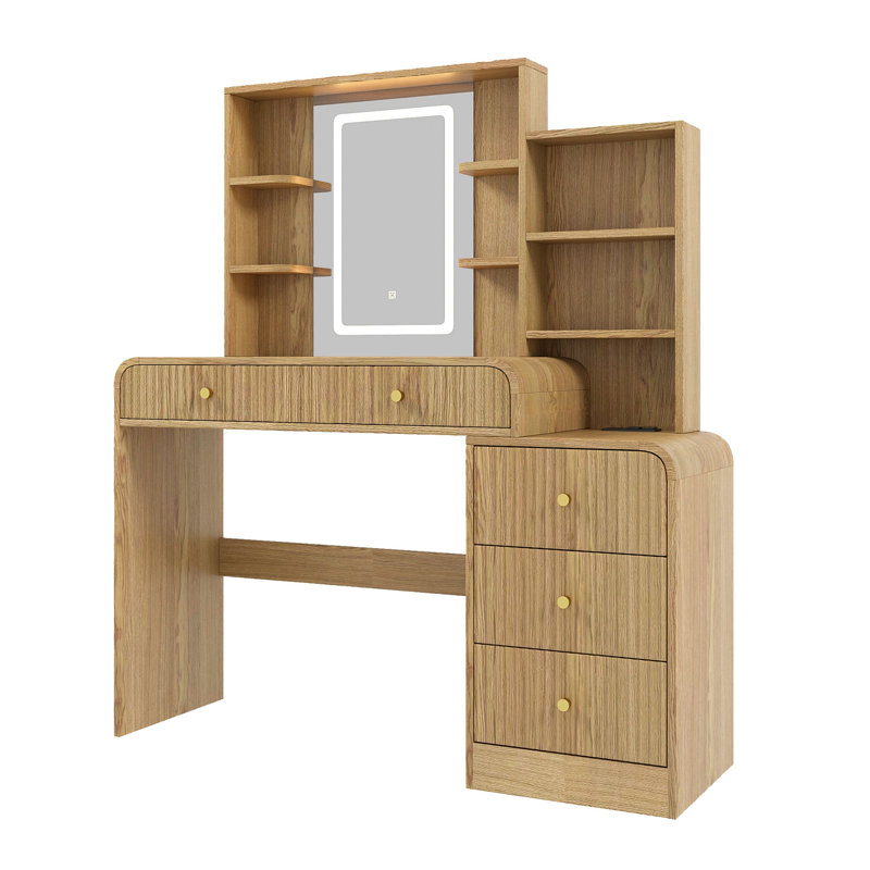 Grand bureau de meuble-lavabo lumineux naturel 47,4 po, conception cannelée, 5 tiroirs, tablettes ouvertes et station de charge intégrée