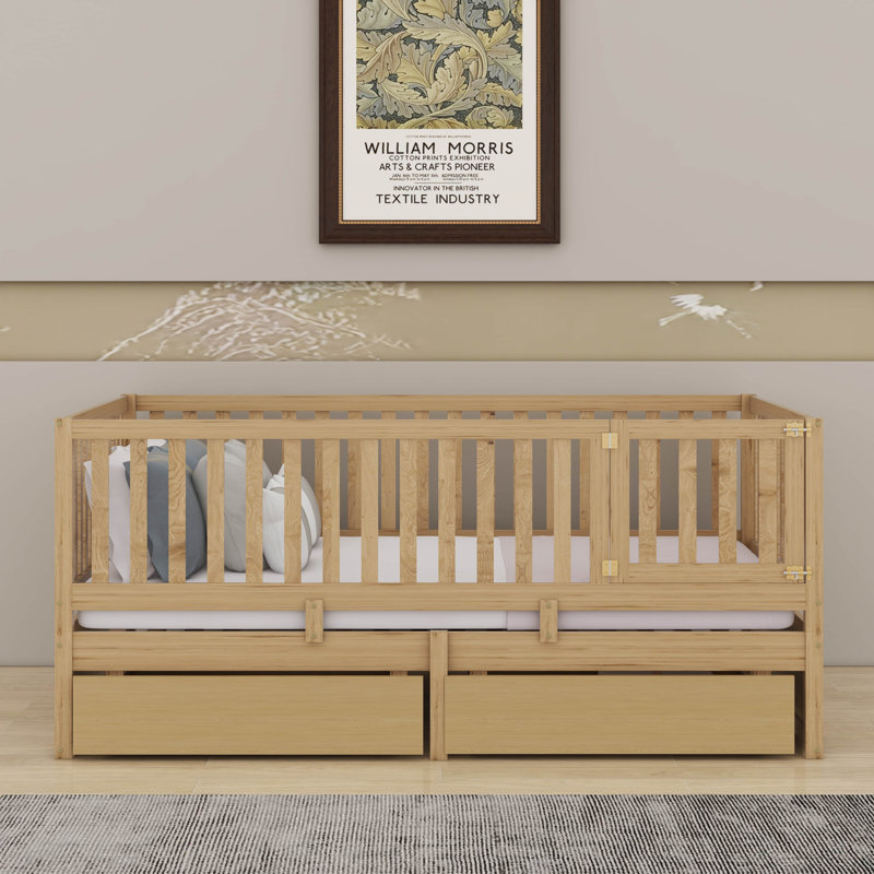 Wood Daybed With Fence Guardrails And Drawers, Natural, Twin