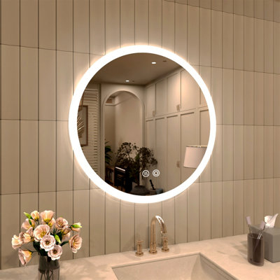 Miroir de salle de bain rond rond sans cadre à lumière DEL antibuée en cristal poli