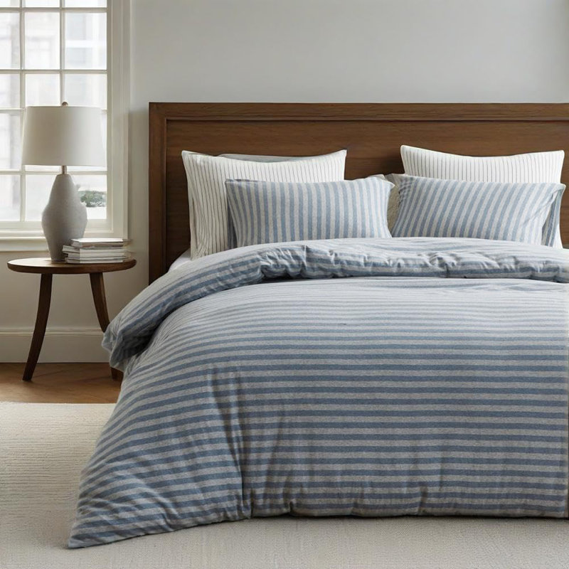 100% Jersey Knit Cotton Duvet Duvet Cover Set, Twin Duvet Cover + 1 Standard Pillowcase, Blue and Grey Stripes