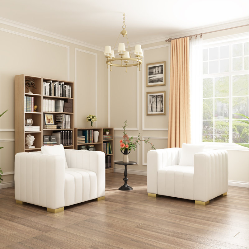 35.4''Modern Vertical Striped Velvet Accent Chair with Pillow, Comfy Armchair for Living Room, White, Gold, White